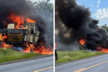 Máquina agrícola pega fogo em rodovia de Itaberá