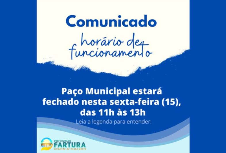 Paço Municipal estará fechado nesta sexta-feira (15) das 11h às 13h