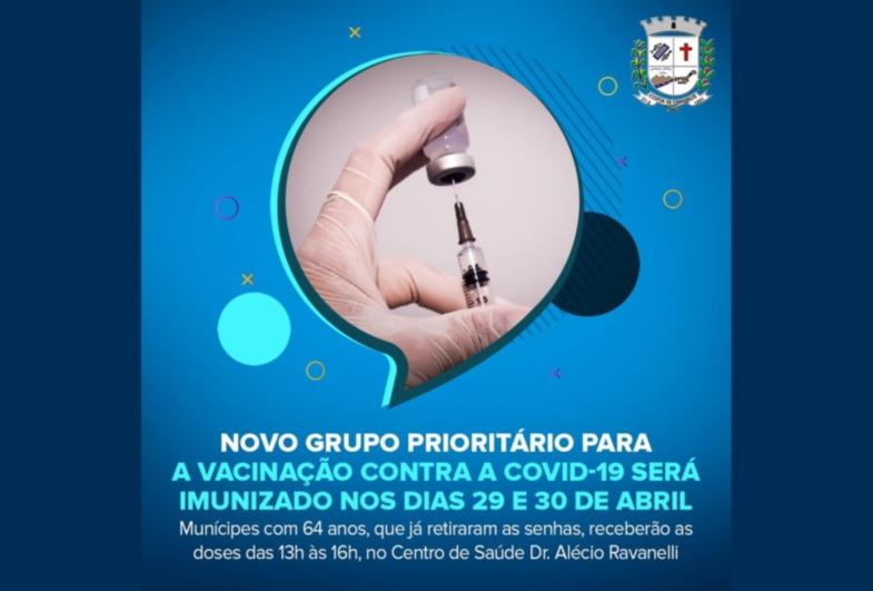 Moradores de Fartura, com 64 anos, devem estar atentos à imunização contra a Covid-19 que acontece nesta semana