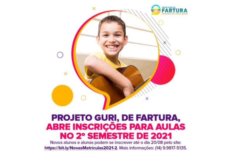 Projeto Guri, de Fartura, abre inscrições para aulas no 2º semestre de 2021