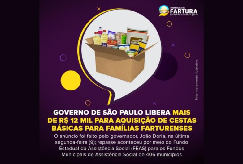 Governo de São Paulo libera mais de R$ 12 mil para aquisição de cestas básicas para famílias farturenses