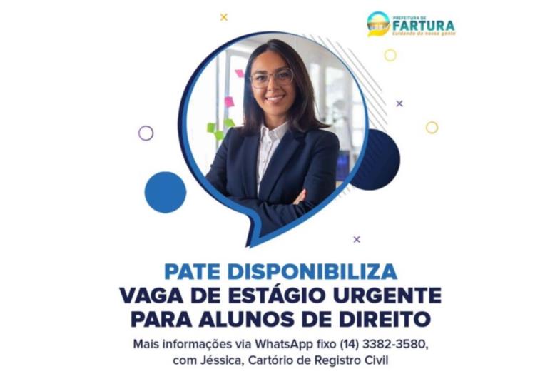 PATE disponibiliza vaga de estágio urgente para alunos de direito