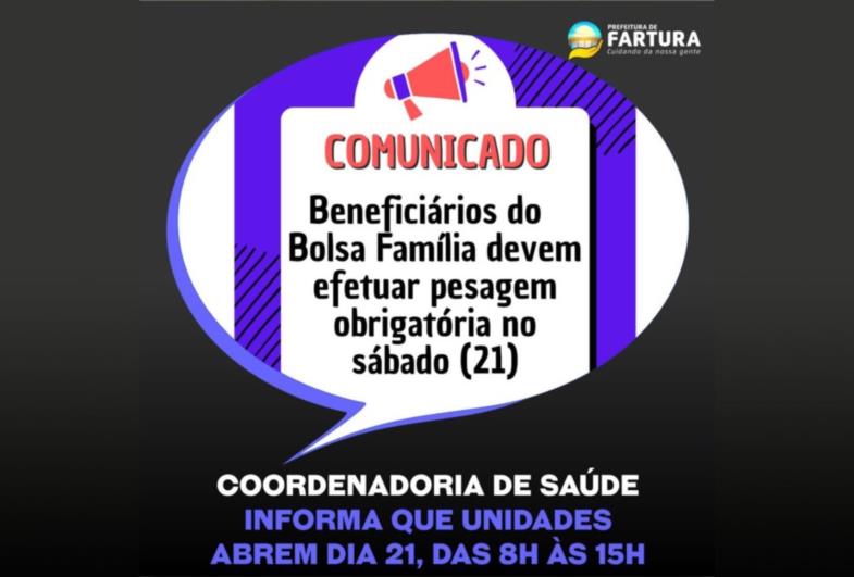 Beneficiários do Programa Auxílio Brasil, antigo Bolsa Família, devem efetuar pesagem obrigatória no sábado (21)