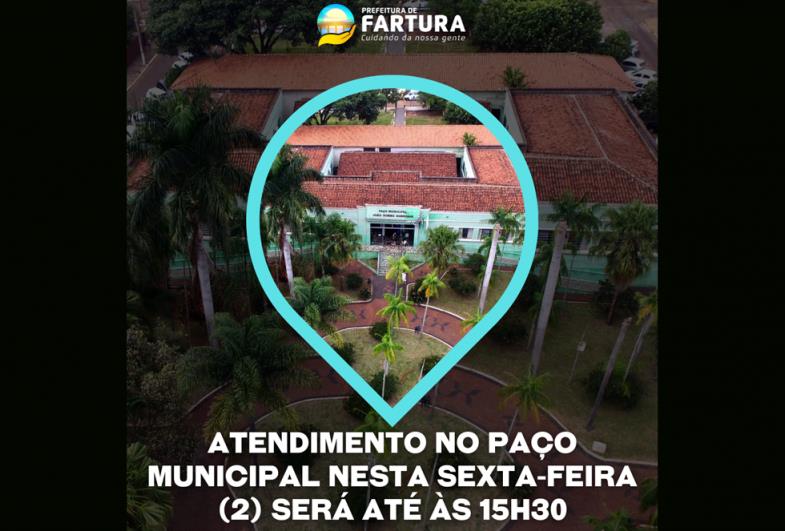 Atendimento no Paço Municipal nesta sexta-feira (2) será até às 15h30