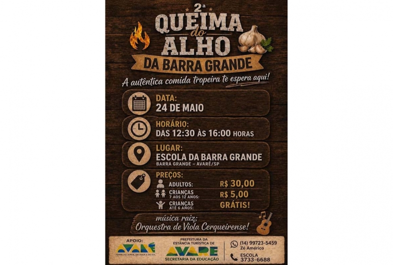 Barra Grande contará com a 2ª Queima do Alho no dia 24 de maio em Avaré