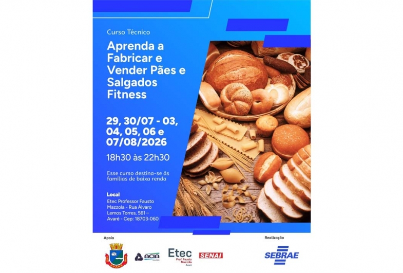 Curso de fabricação de pães e salgados fitness está com inscrições abertas em Avaré 