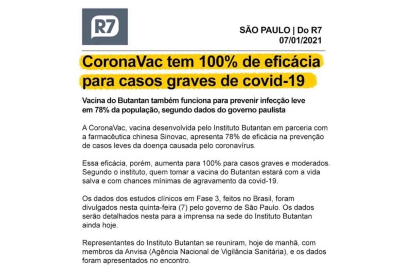 CoronaVac tem 100% de eficácia em casos graves de covid