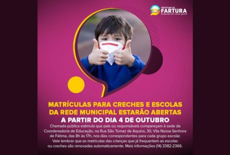 Matrículas para creches e escolas da rede municipal estarão abertas a partir do dia 4 de outubro