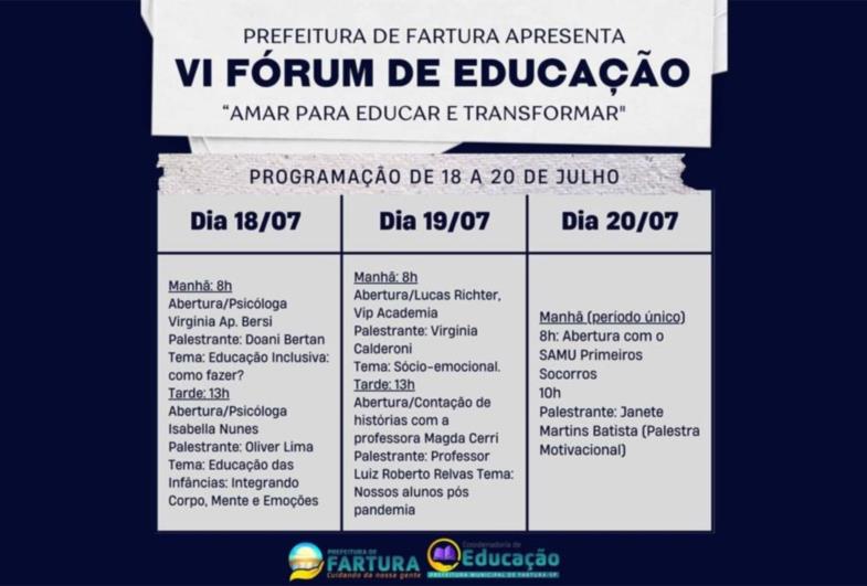 Fartura promove VI Fórum de Educação de 18 a 20 de julho