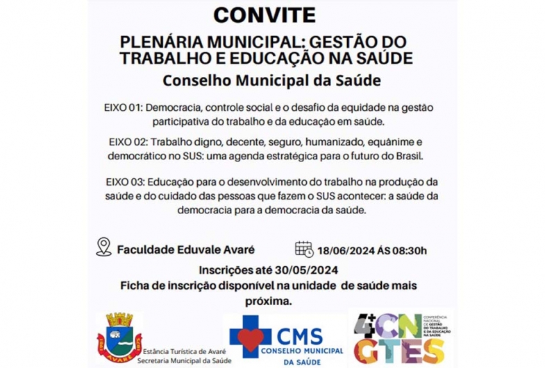 “Gestão do trabalho e educação na saúde” é tema de plenária no dia 18 de junho em Avaré