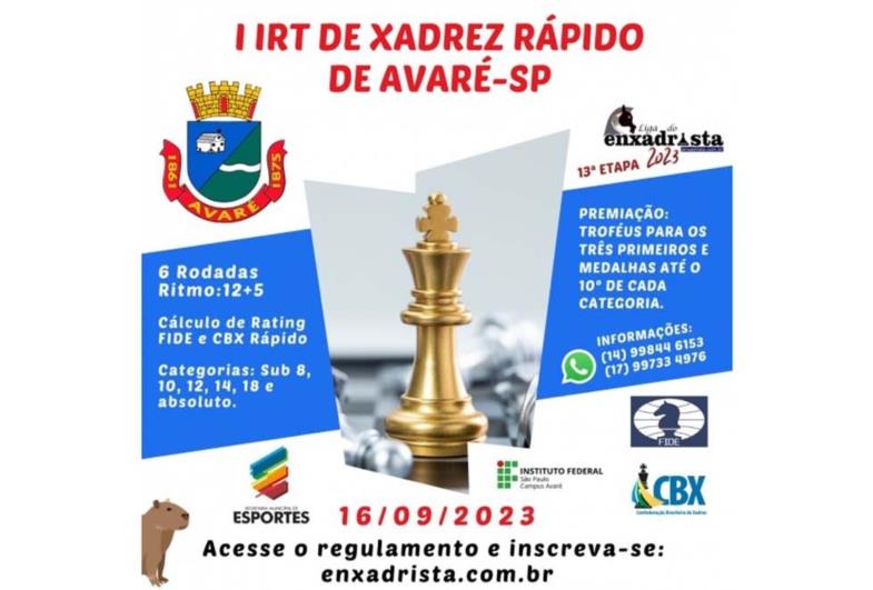 Avaré recebe torneio de xadrez rápido no sábado, 16