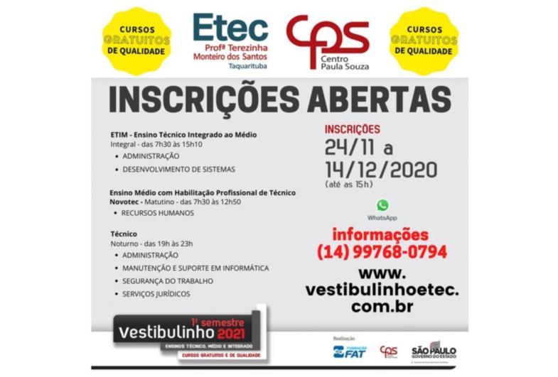 Estão abertas inscrições para cursos da Etec de Taquarituba 