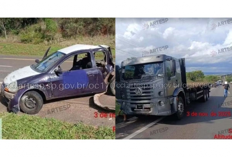 Passageiro morre após batida entre caminhão e carro na Rodovia João Mellão em Itaí