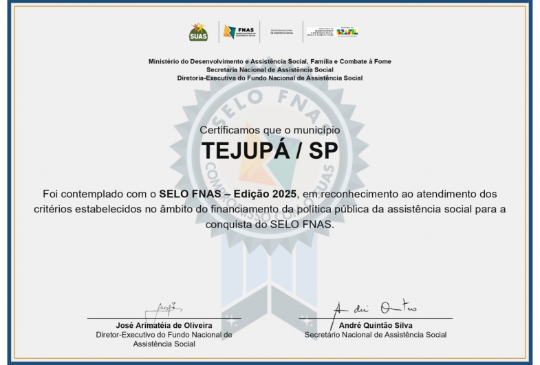 Tejupá conquista Selo do FNAS e reforça compromisso com a Assistência Social