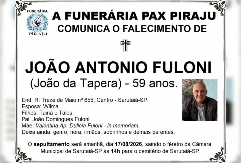 João da Tapera será sepultado hoje as 14 horas em Sarutaiá