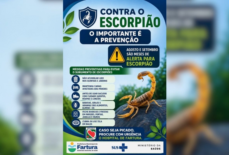 Secretaria de Saúde de Fartura alerta para meses com maior incidência de escorpiões