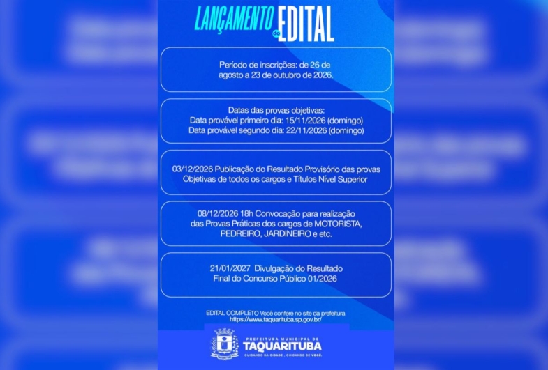 Prefeitura de Taquarituba publica edital do Concurso Público 01/2026