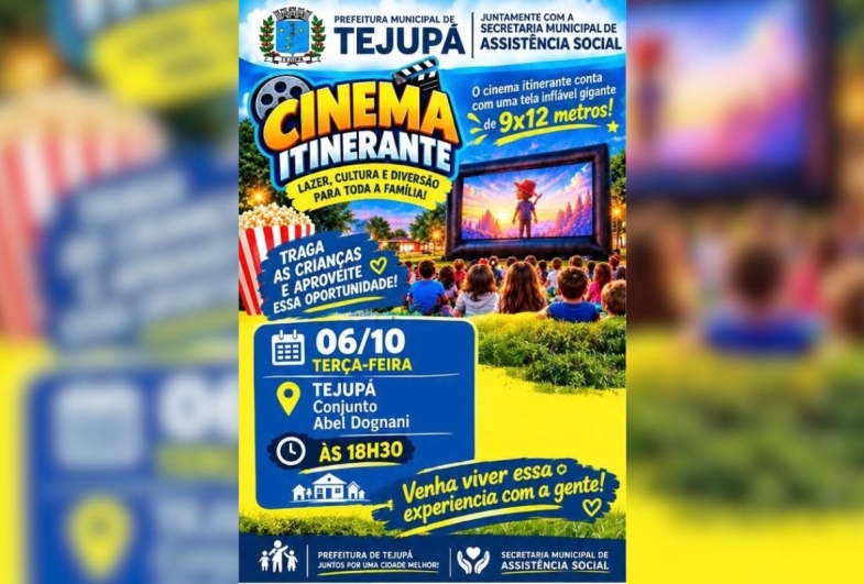 Cinema itinerante leva diversão gratuita em Tejupá, nesta terça-feira (6)