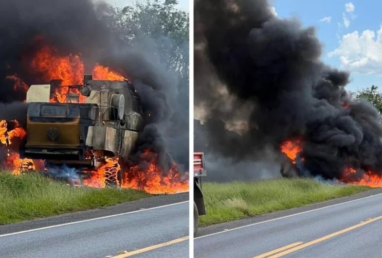 Máquina agrícola pega fogo em rodovia de Itaberá