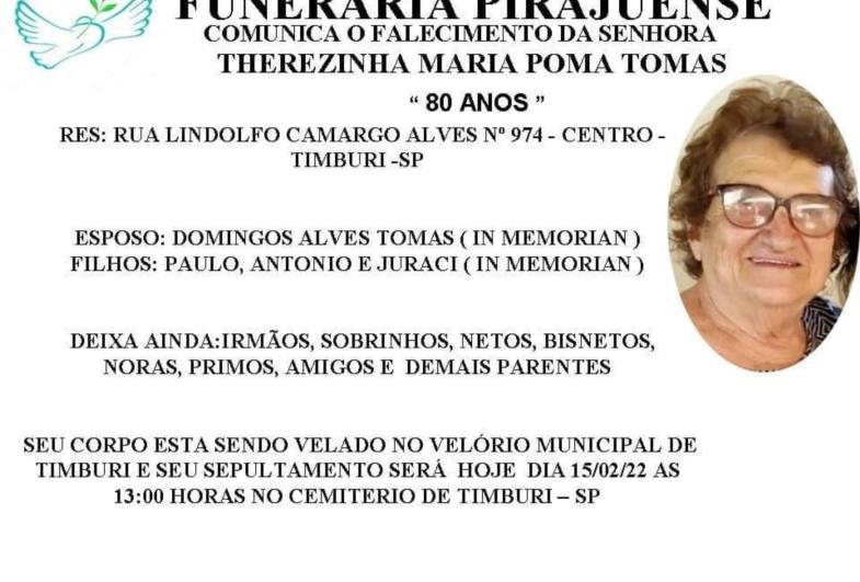 Morre dona Therezinha Maria Poma Tomas em Timburi