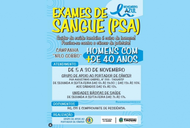 Novembro Azul: Taguaí oferece exames de PSA para homens acima de 40 anos 