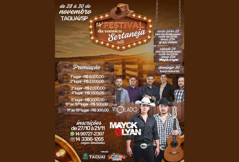 Taguaí realiza o 14º Festival da Música Sertaneja em novembro