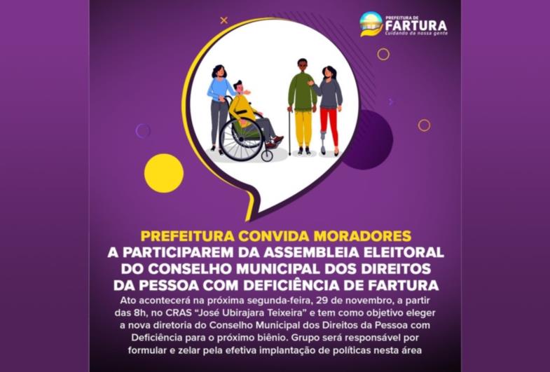 Prefeitura convida moradores a participarem da Assembleia Eleitoral do Conselho Municipal dos Direitos da Pessoa com Deficiência de Fartura