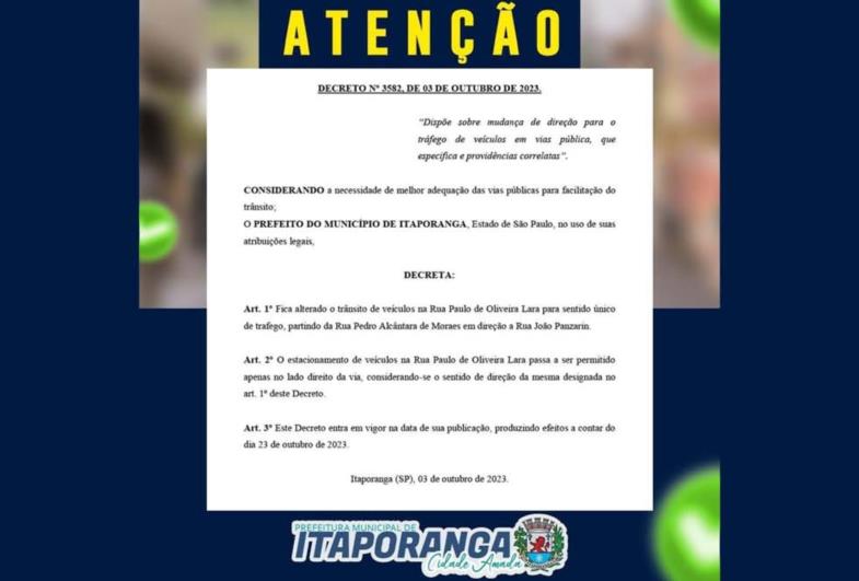 Prefeitura de Itaporanga informa sobre mudanças no trânsito 