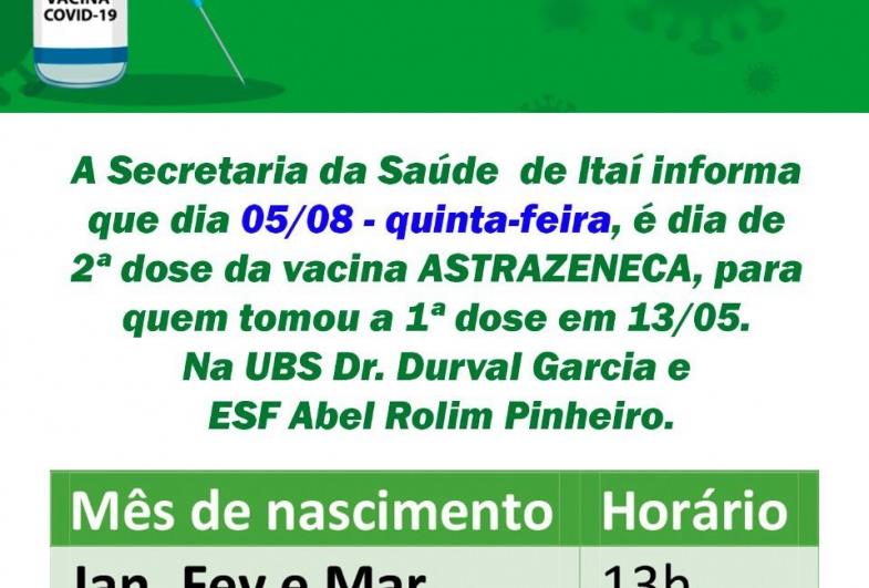 ITAÍ DIVULGA A SEGUNDA DOSE DA VACINA ASTRAZENECA