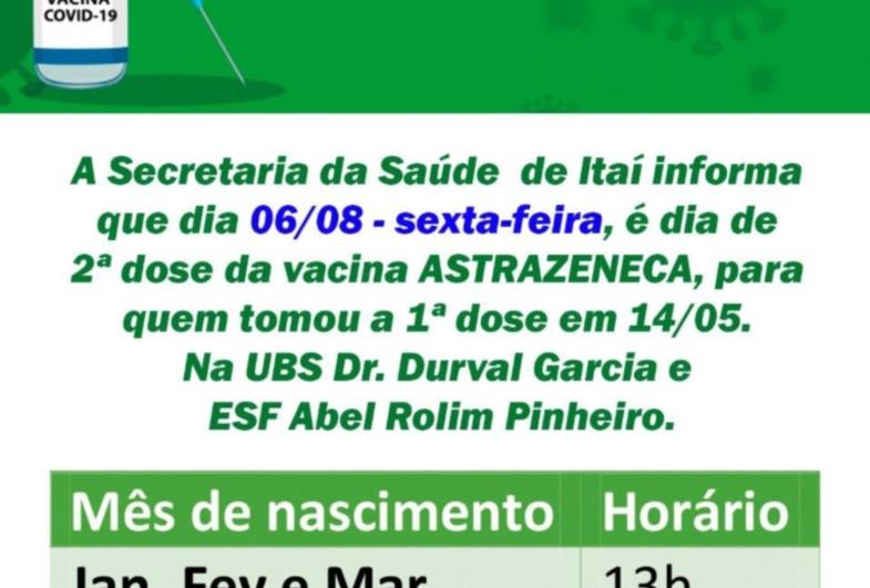 ITAÍ DIVULGA A 2ª DOSE DA ASTRAZENECA PARA ESTA SEXTA-FEIRA