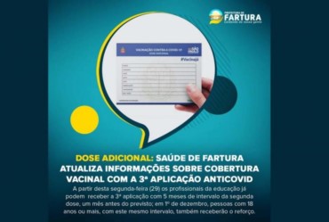 Dose adicional: Saúde de Fartura atualiza informações sobre cobertura vacinal com a 3ª aplicação antiCovid