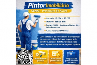 Prefeitura de Avaré abre inscrições para curso gratuito de Pintor Imobiliário em parceria com o Senai