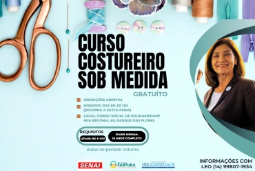 Inscrições abertas para curso gratuito de Costureiro Sob Medida em Fartura