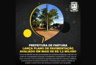 Prefeitura de Fartura lança Plano de Pavimentação avaliado em mais de R$ 1,2 milhão