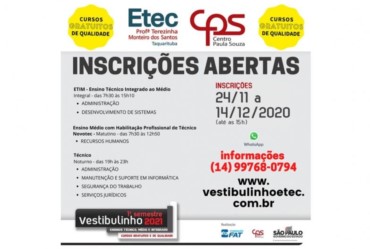 Estão abertas inscrições para cursos da Etec de Taquarituba 