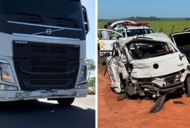 Passageiro morre em acidente entre carro de grupo de estudantes que voltava de formatura e caminhão