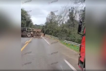 Caminhão carregado com tora de madeira tomba em Capão Bonito
