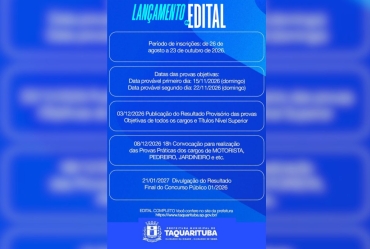 Prefeitura de Taquarituba publica edital do Concurso Público 01/2026