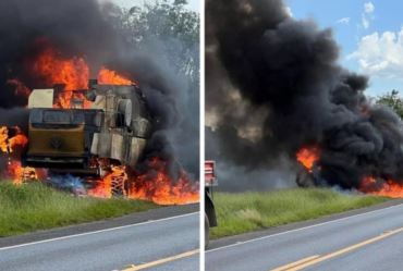 Máquina agrícola pega fogo em rodovia de Itaberá